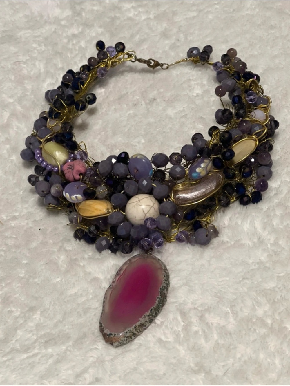 Hand Crafted Purple Beaded Necklace with Pink Agate Pendant